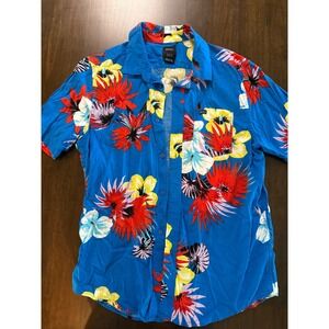 RVCA Mens Blue Tropical Floral Short Sleeve Button Up Shirt Regular Fit Medium